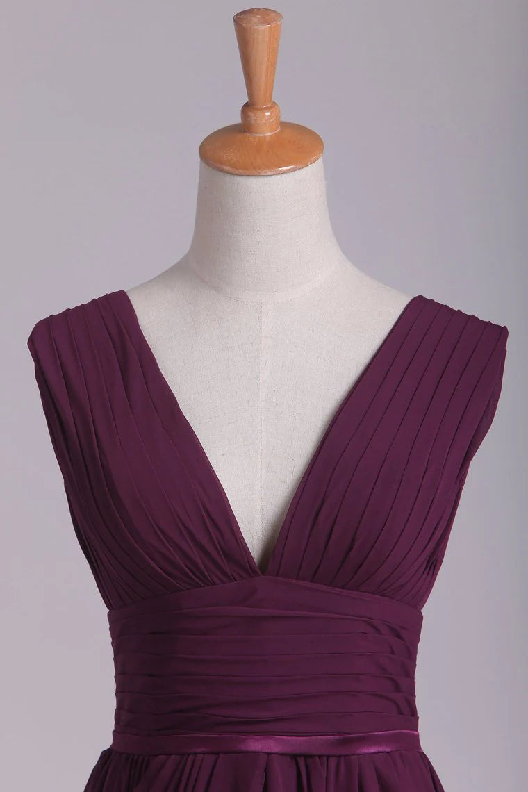 V Neck A Line Chiffon With Slit Party Dresses